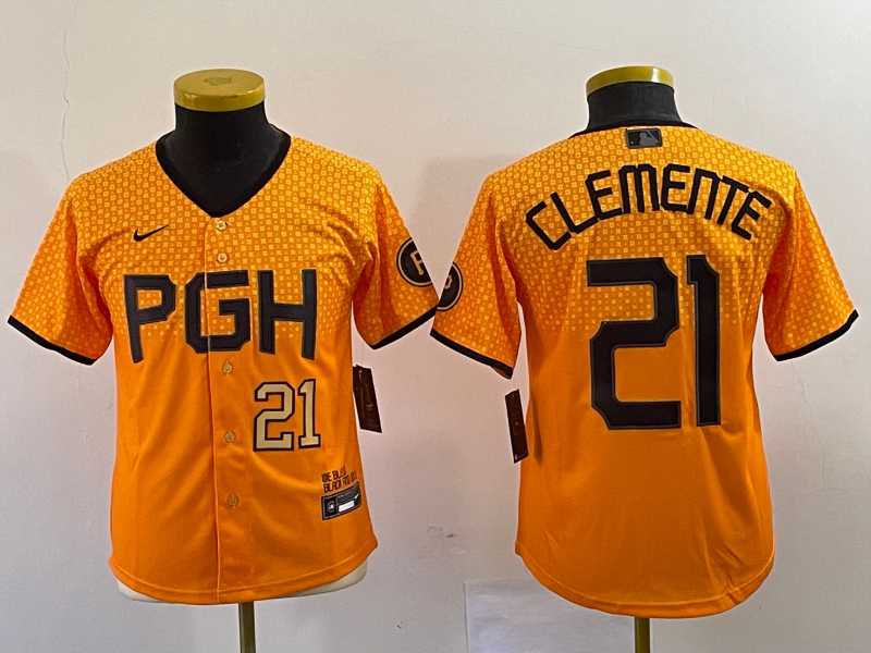 Youth Pittsburgh Pirates #21 Roberto Clemente Number Yellow 2023 City Connect Stitched Jersey1->mlb youth jerseys->MLB Jersey